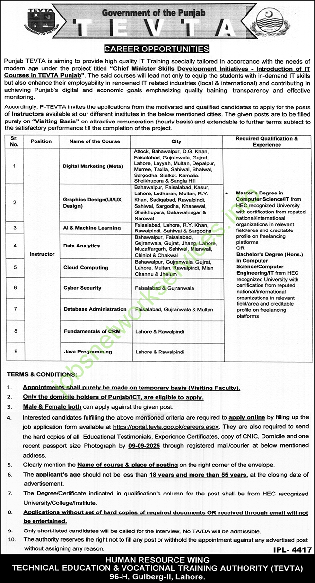 Punjab TEVTA New Jobs 2025 Online Apply Now