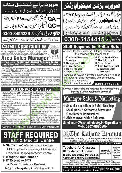 Today Private Jobs in Lahore Advertised in Jang Newspaper