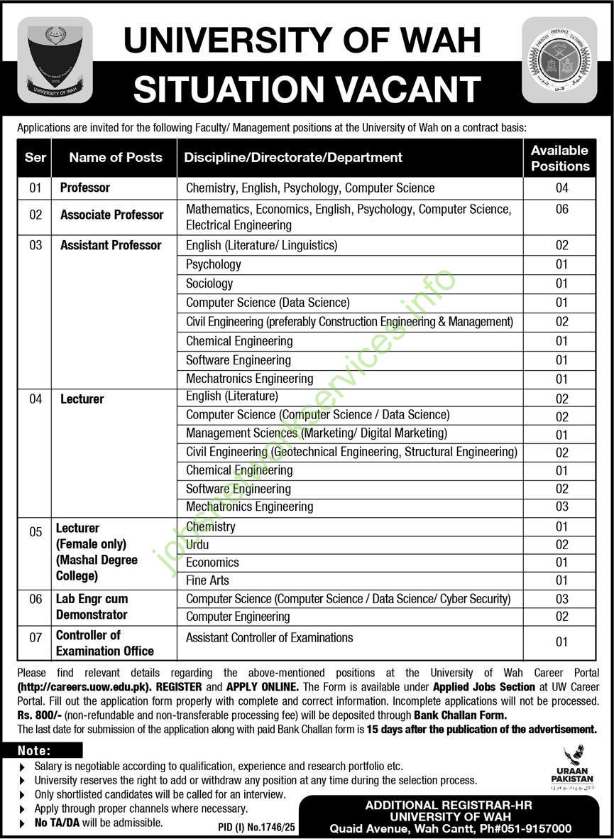 University of Wah Situation Vacant Jobs 2025