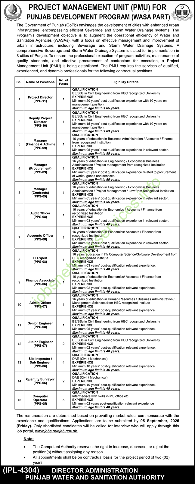 Water and Sanitation Agencies (WASAs) Jobs 2025 for Project Base