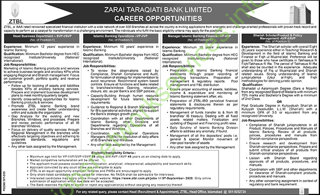 ZARAI TARAQIATI BANK LIMITED CAREER OPPORTUNITIES 2025