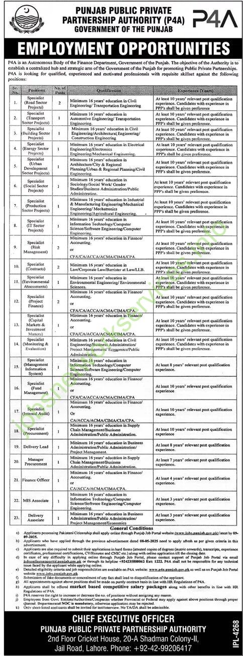 Punjab Public Private Partnership Authority (P4A) Government Of The Punjab Employment Opportunities