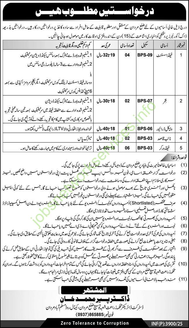 Agriculture Department KPK Mardan Jobs 2025