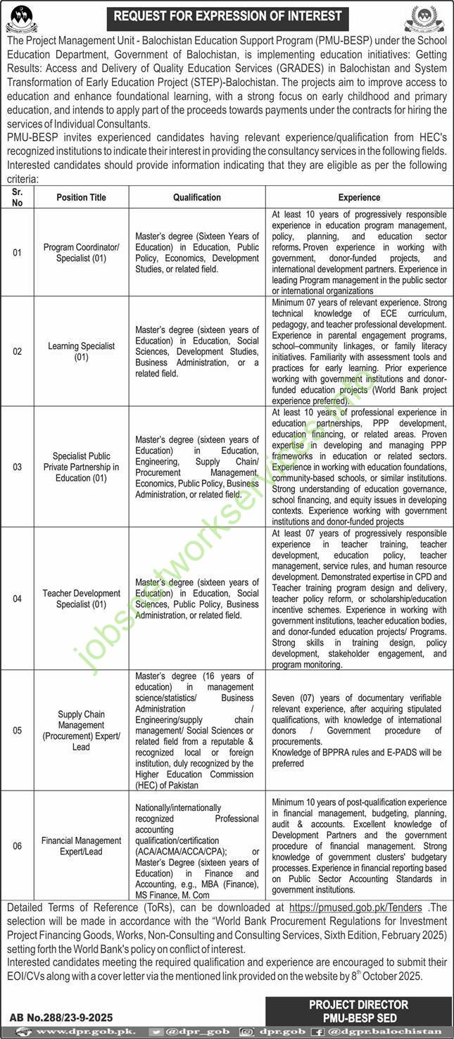 Balochistan Education Support Program PMU BESP Jobs 2025 Latest