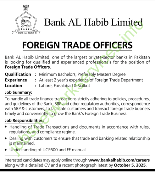 Bank Al Habib Limited Foreign Trade Officers Jobs 2025