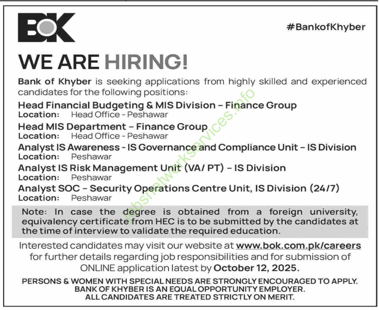 Bank of Khyber BOK Jobs 2025