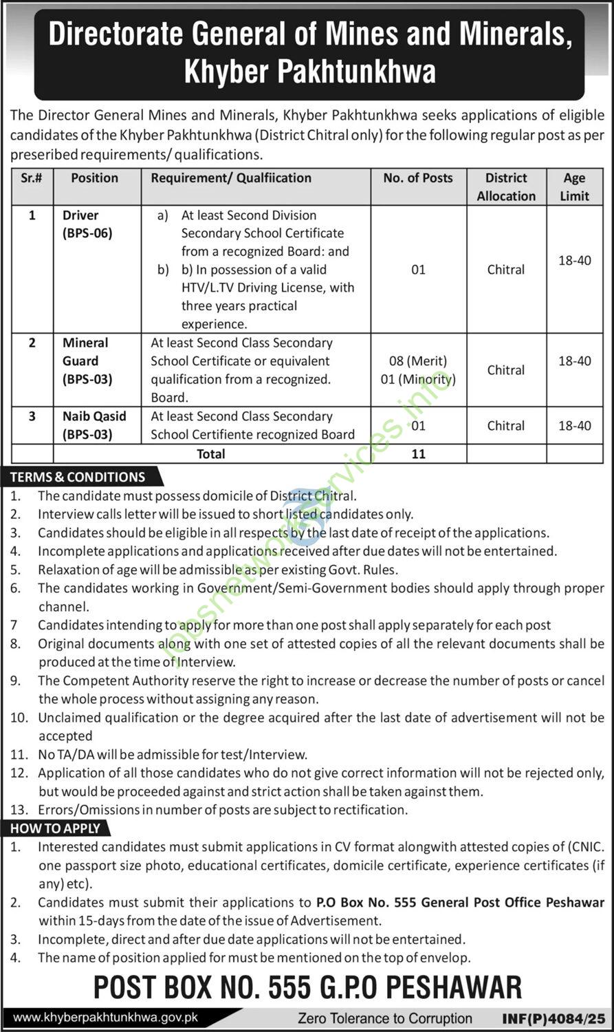 Directorate General of Mines & Minerals Khyber Pakhtunkhwa New Jobs 2025