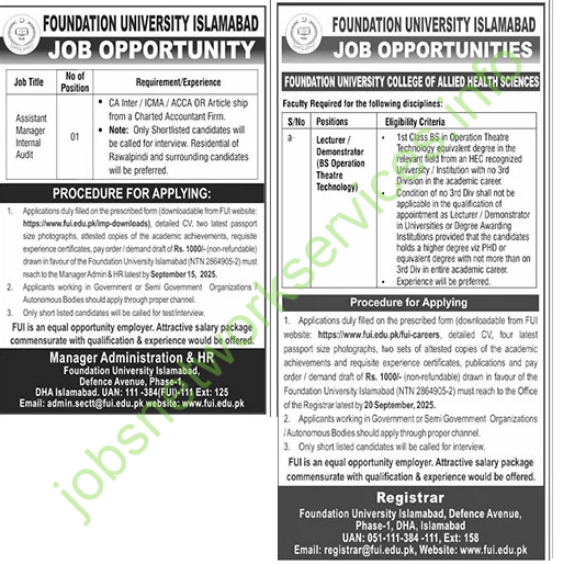 Foundation University Islamabad FUI Jobs 2025