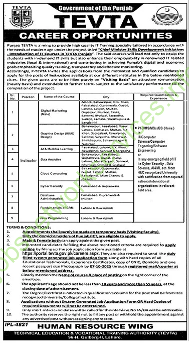 Government of the Punjab TEVTA Jobs 2025 for Instructor Across Punjab