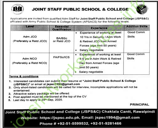 Joint Staff Public School & College JSPS &C Jobs 2025