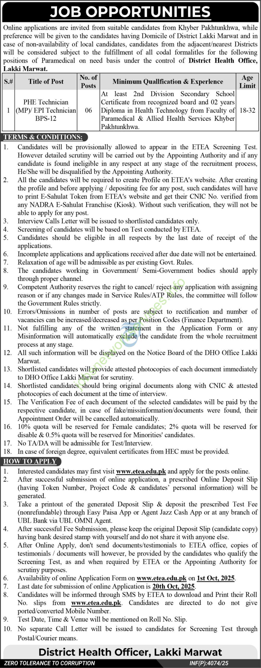 KPK Health Department District Lakki Marwat Jobs 2025 for PHE Technicians