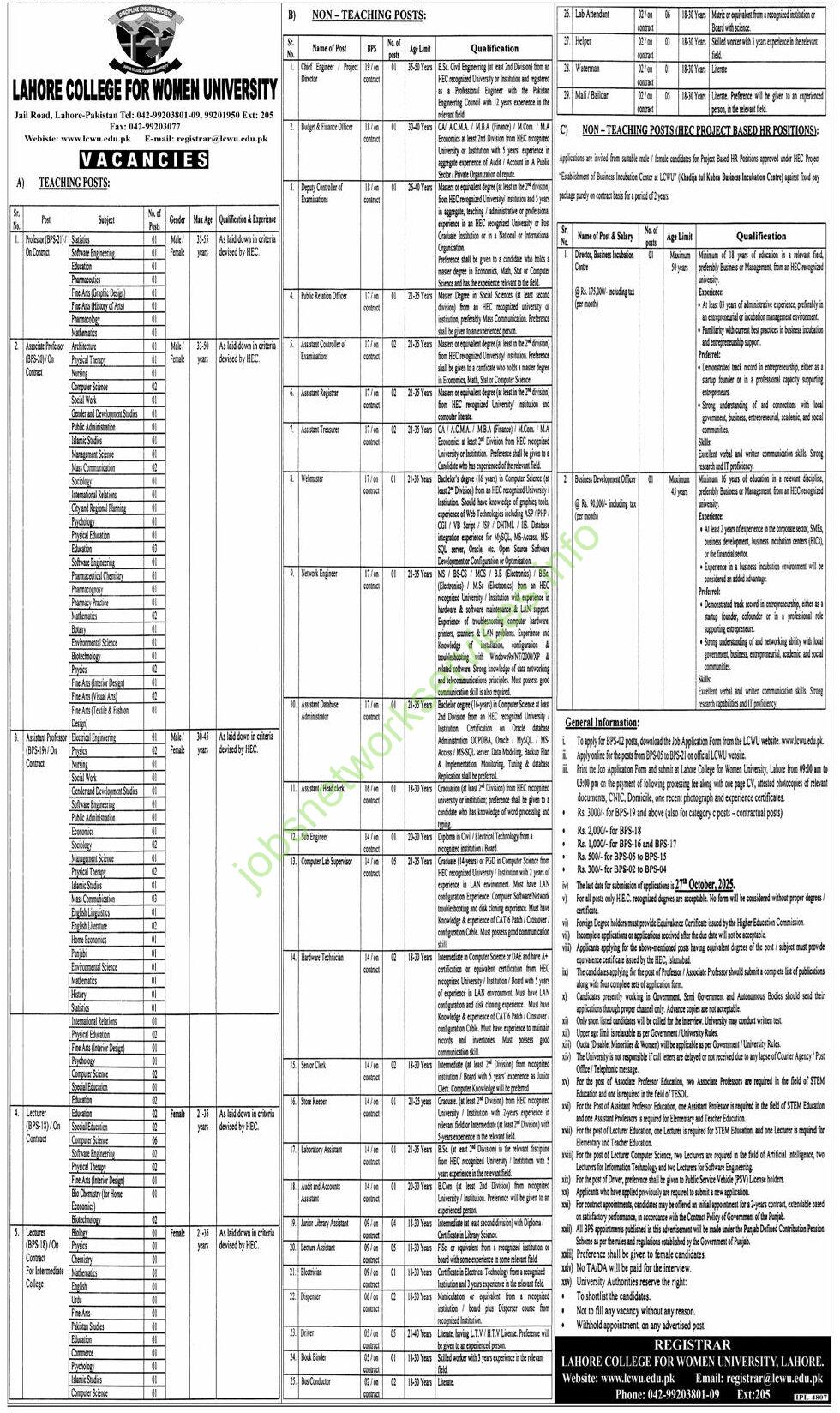 Lahore College for Women University LCWU Jobs 2025 Latest
