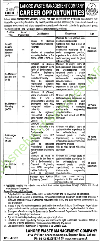 Lahore Waste Management Company LWMC Jobs 2025