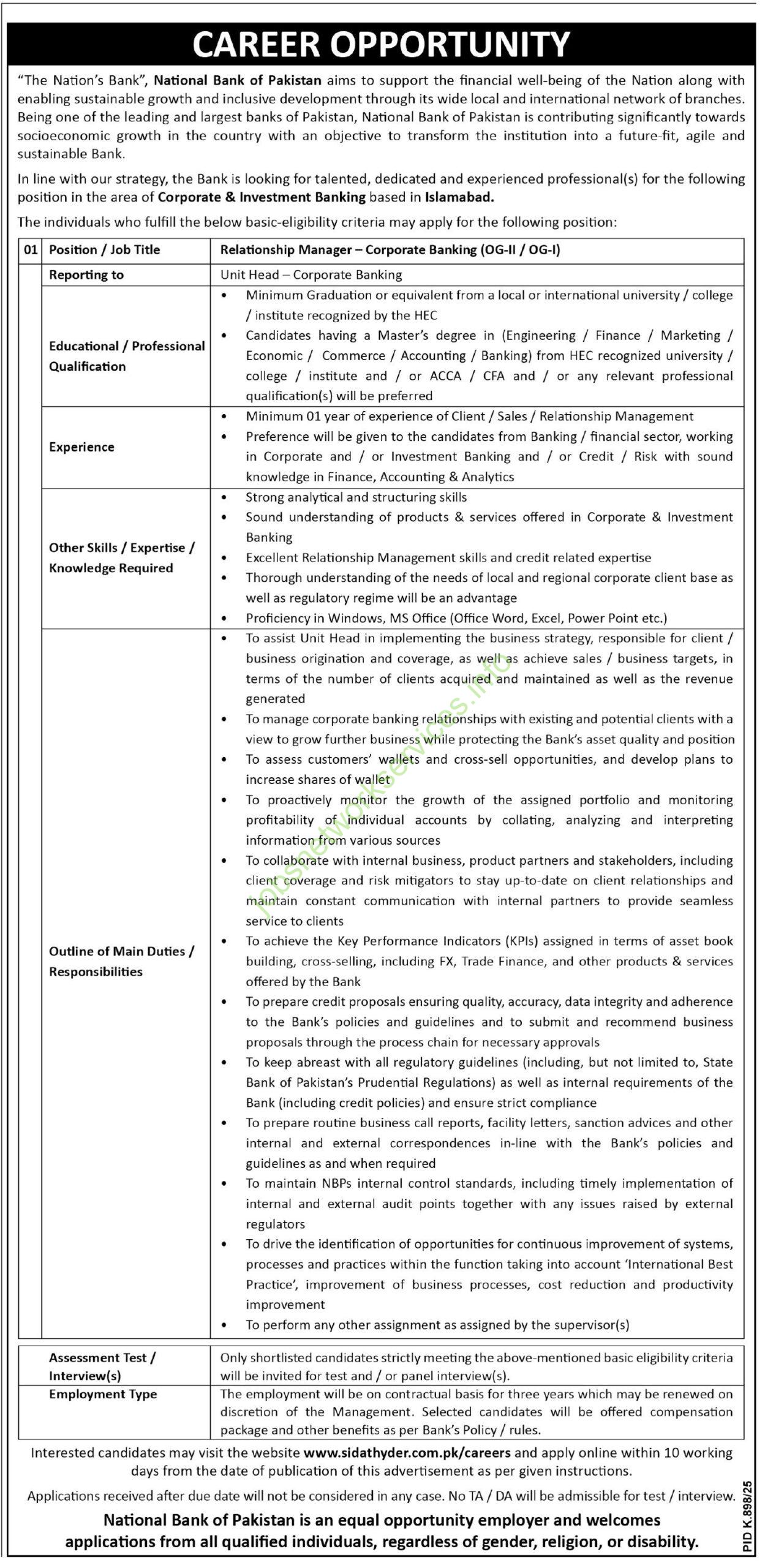 National Bank of Pakistan Relationship Manager Jobs 2025