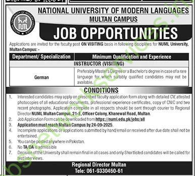 National University of Modern Languages Multan Jobs 2025
