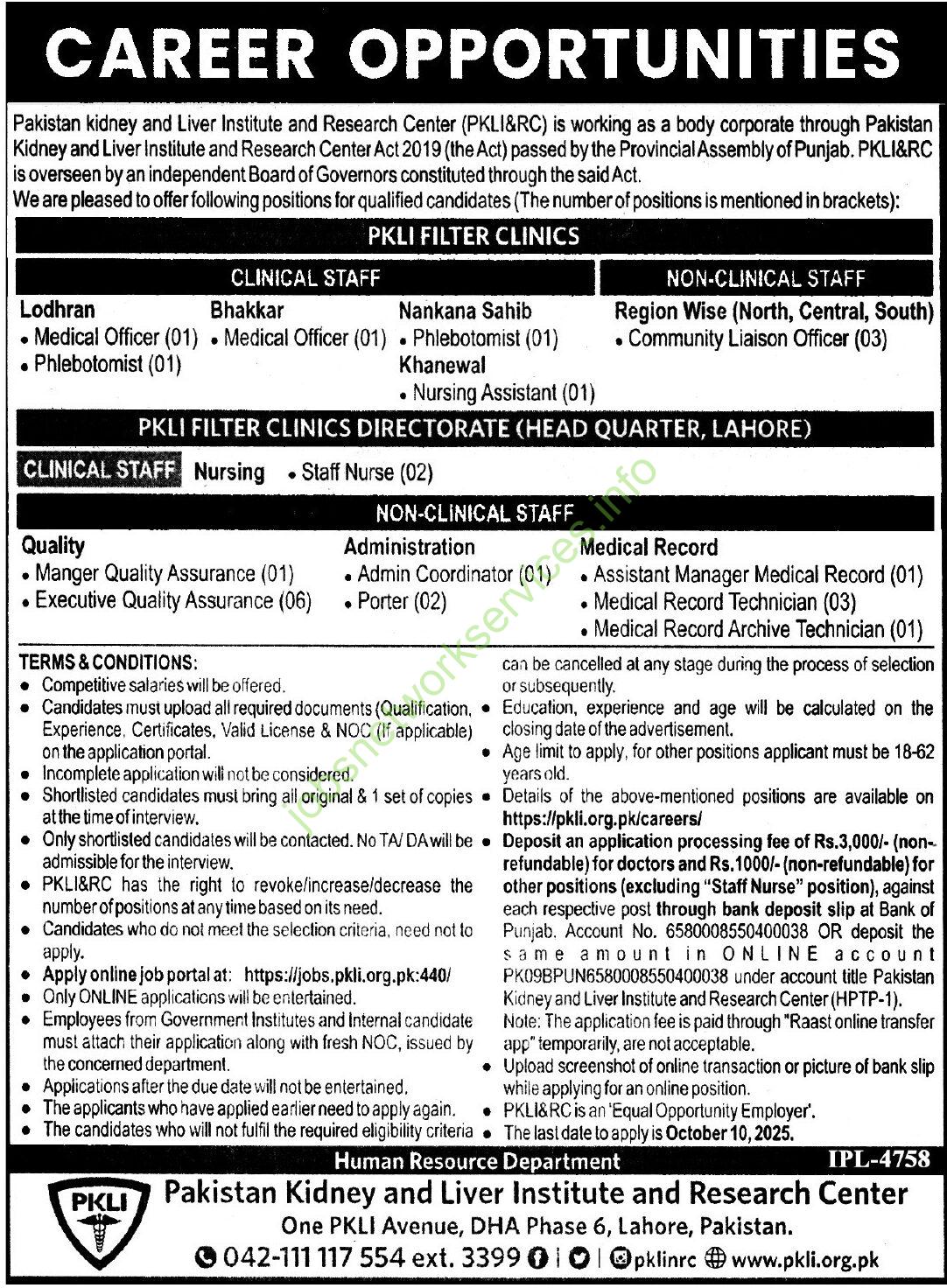 Pakistan Kidney and Liver Institute and Research Center PKLI Jobs 2025 Latest
