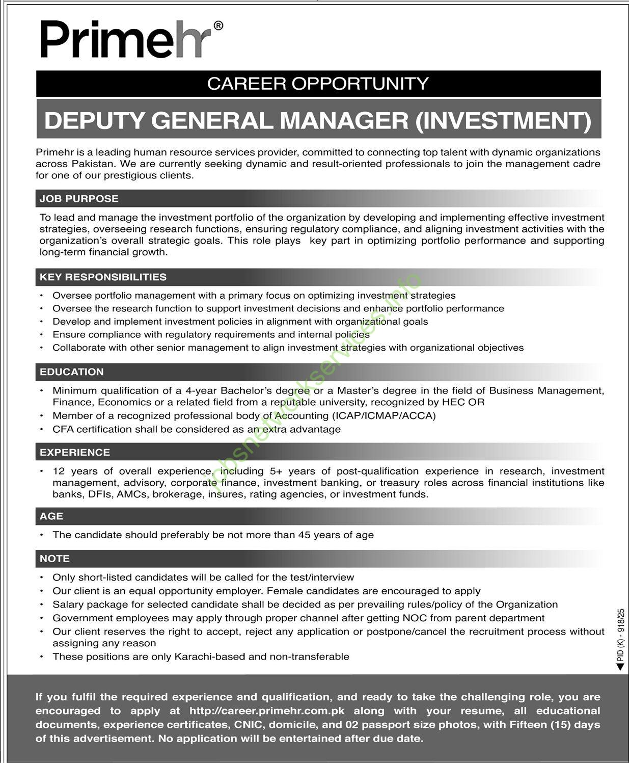 PrimerHr Deputy General Manager Jobs 2025