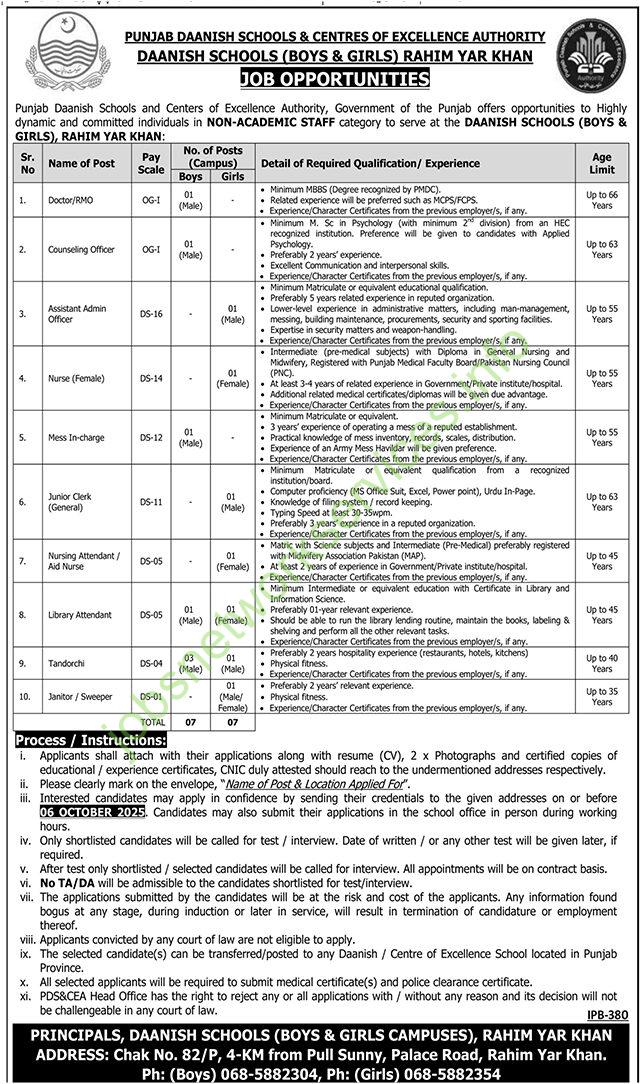 Punjab Daanish Schools (Boys & Girls) Rahim Yar Khan Jobs 2025