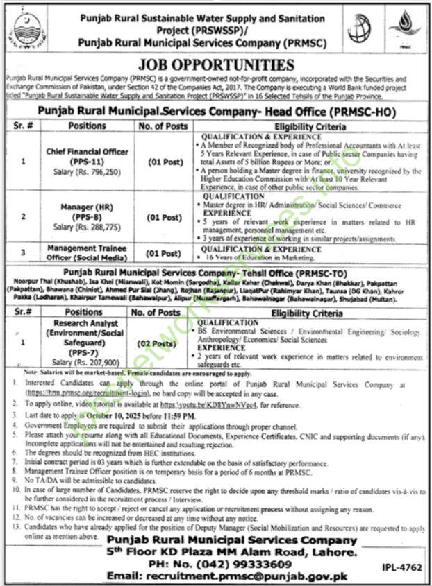 Punjab Rural Municipal Services Company PRMSC Jobs 2025 for MTO, CFO, Manager HR & Others Latest