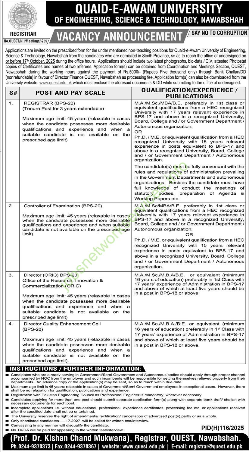 Quaid-e-Awam University of Engineering Science & Technology Nawabshah Jobs 2025