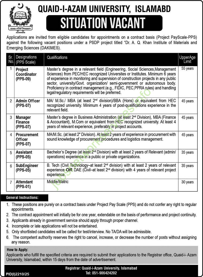 Quaid-i-Azam University Islamabad Jobs 2025
