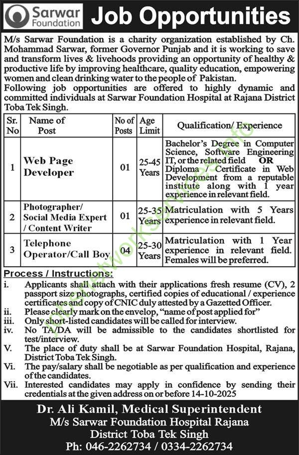 Sarwar Foundation Hospital Rajana District Toba Tek Singh Jobs 2025