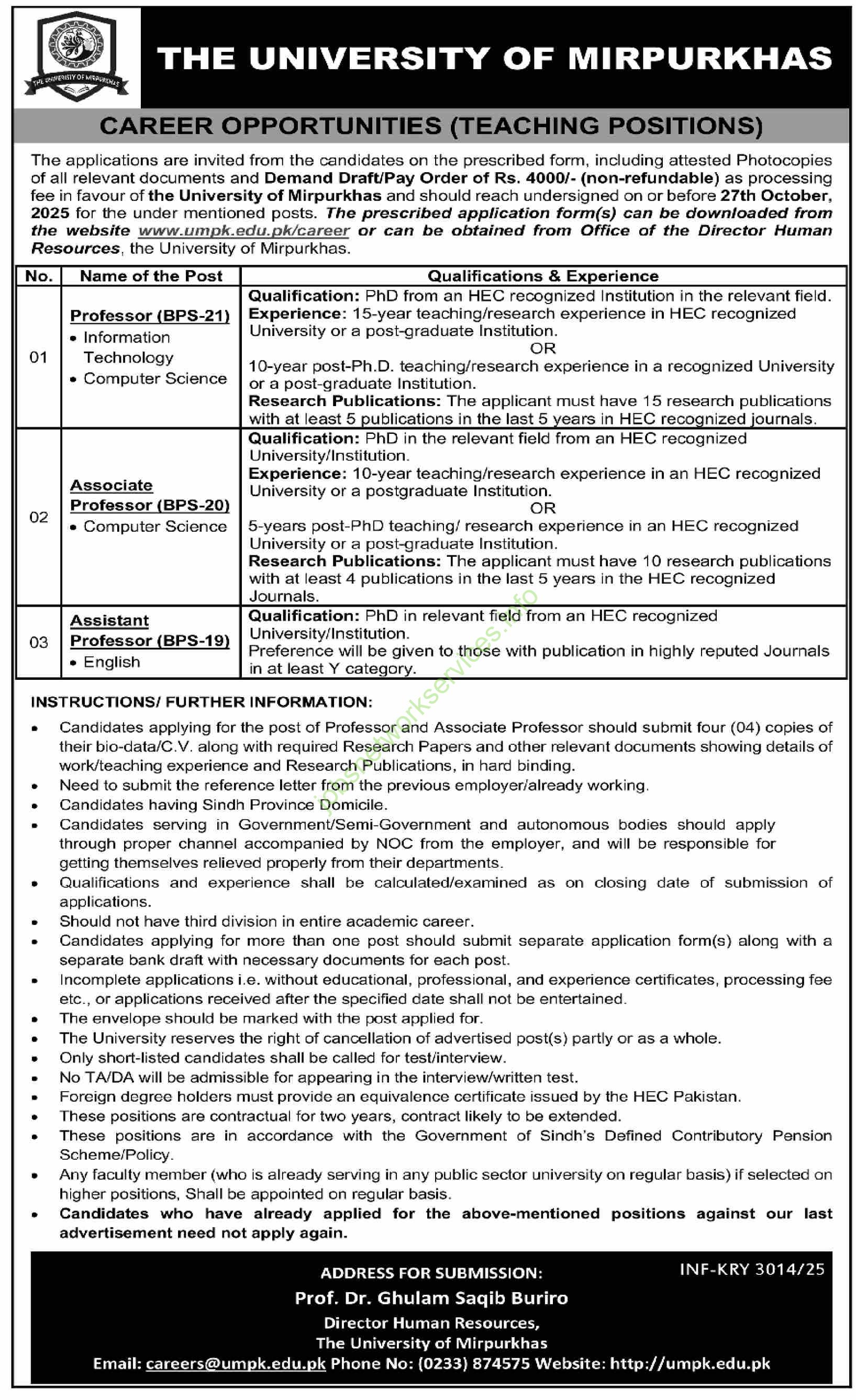 The University of Mirpurkhas Jobs 2025