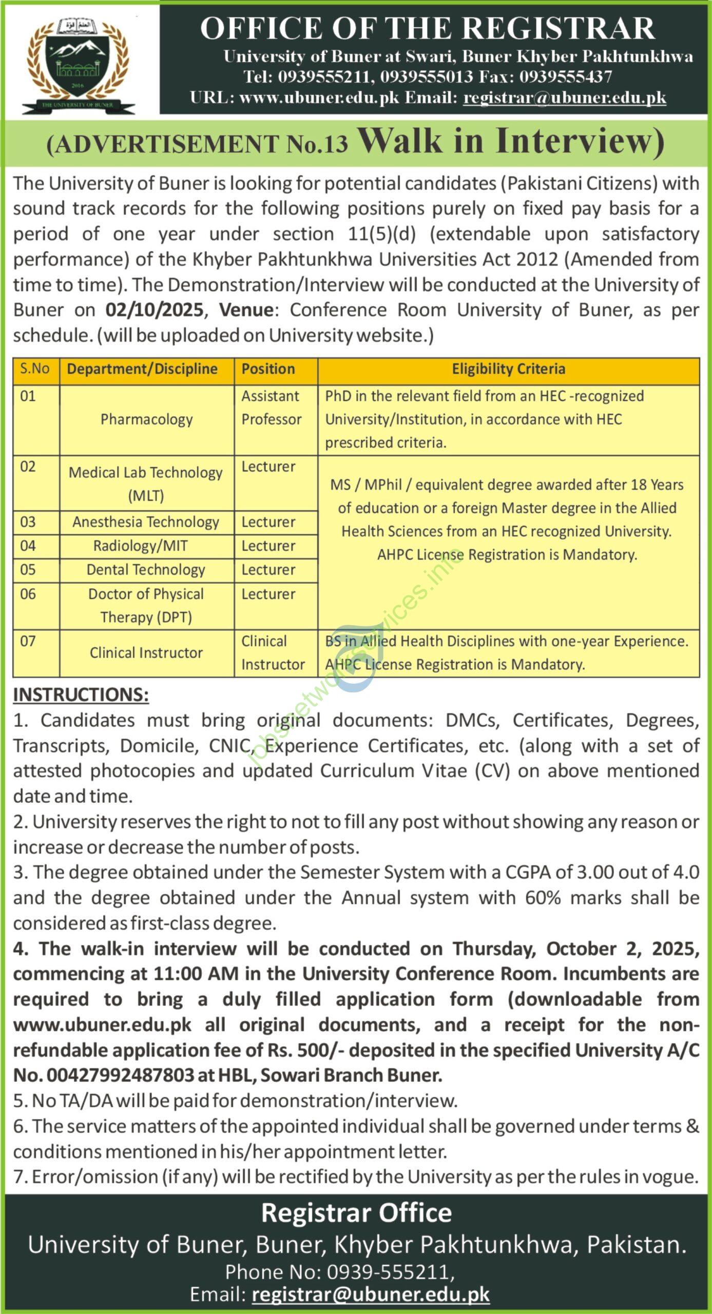 University of Buner New Jobs 2025