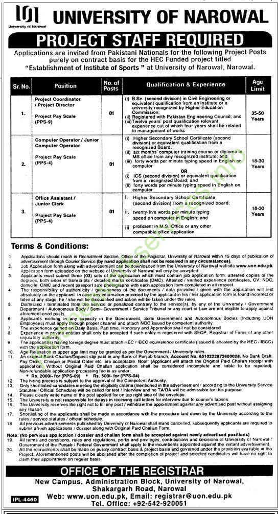 University of Narowal Jobs 2025