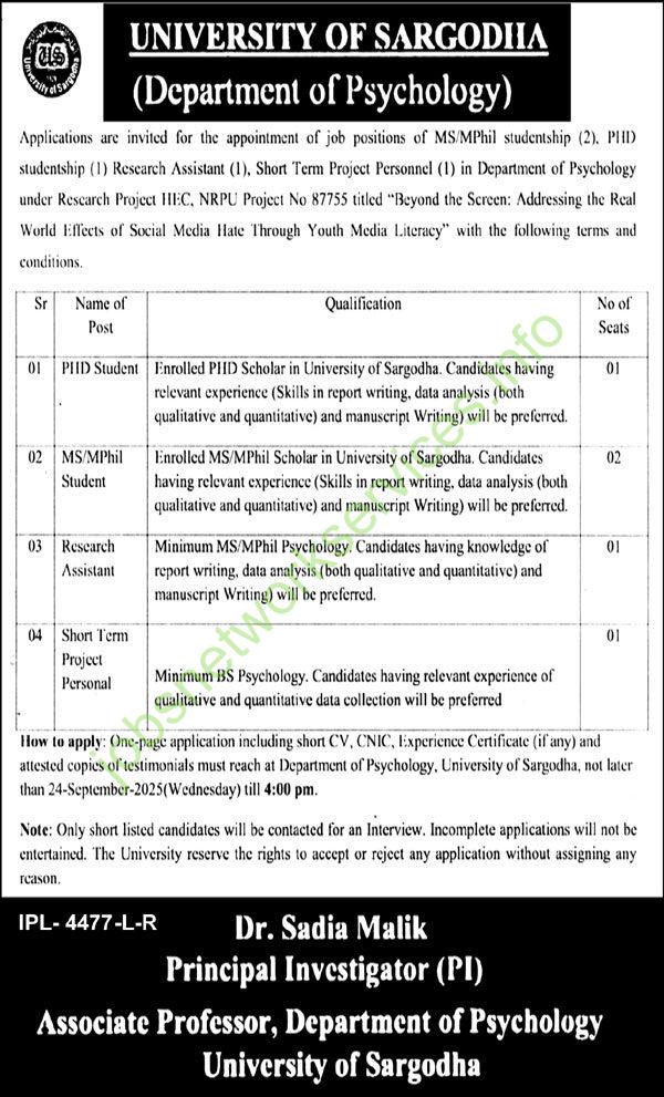 University of Sargodha Jobs 2025