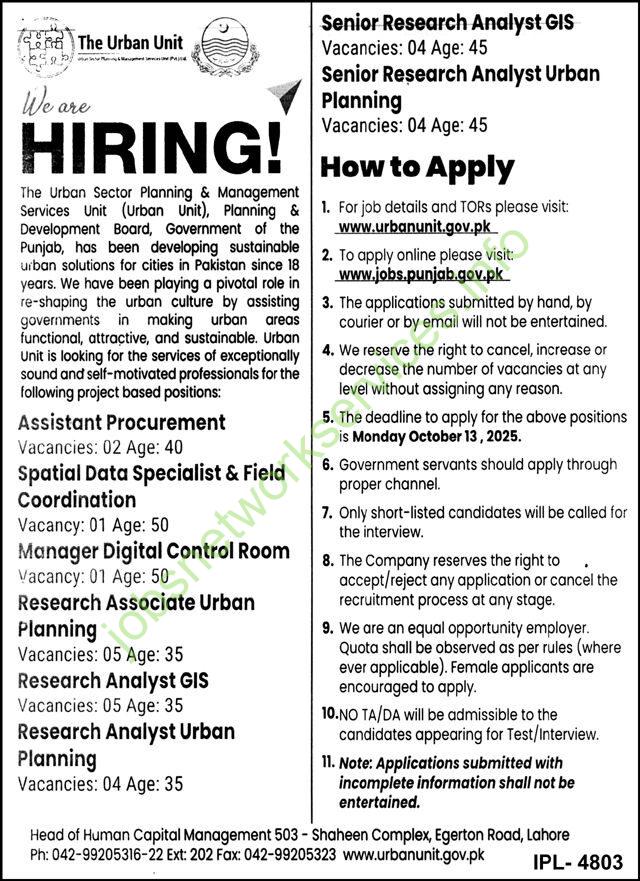 Urban Unit Planning & Development Board Lahore New Jobs 2025
