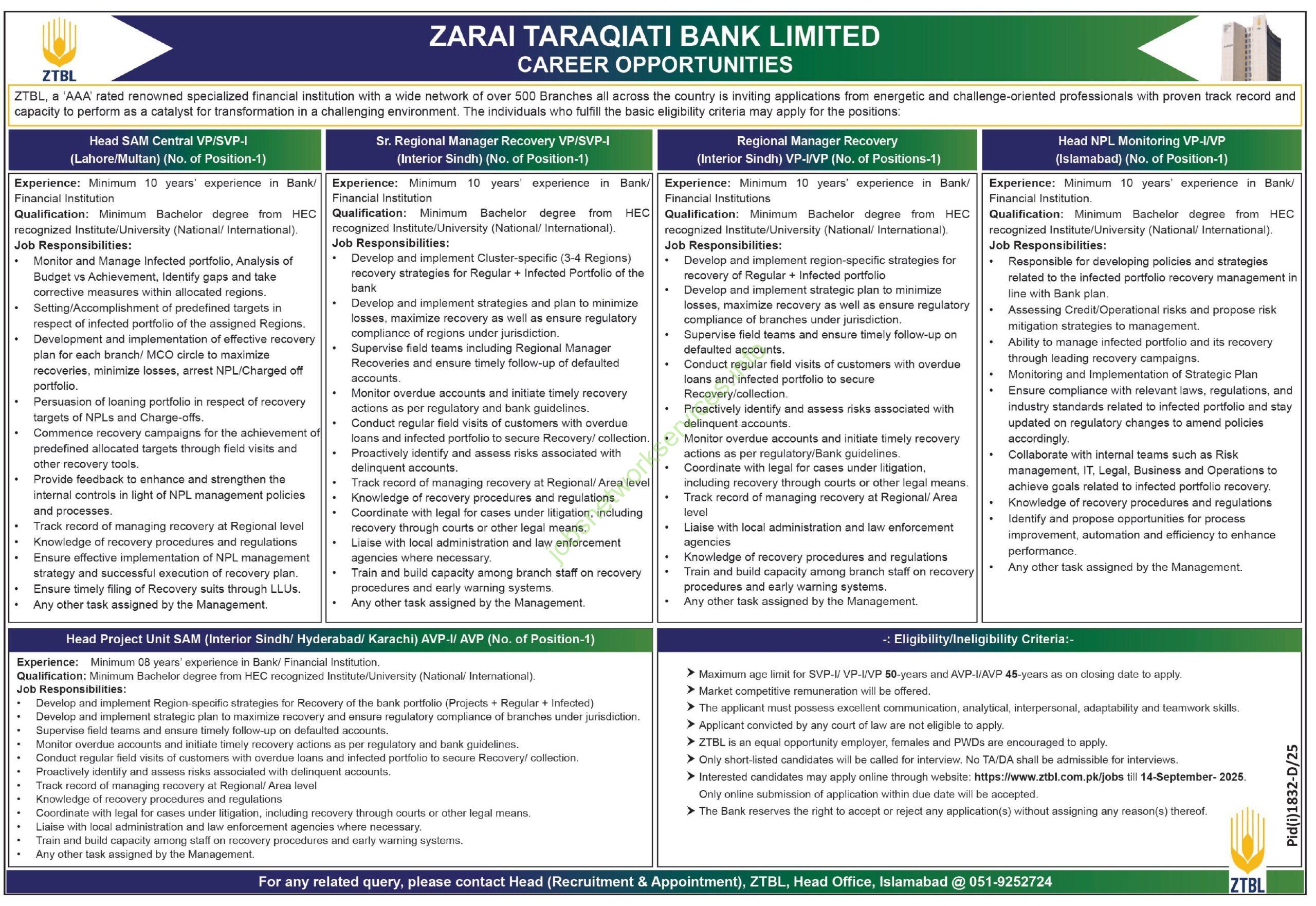 Zarai Taraiati Bank Limited Career Opportunities Jobs 2025 Latest ZTBL Jobs