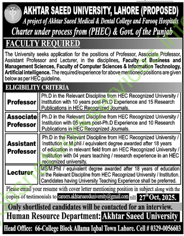 Akhtar Saeed University Lahore Jobs 2025