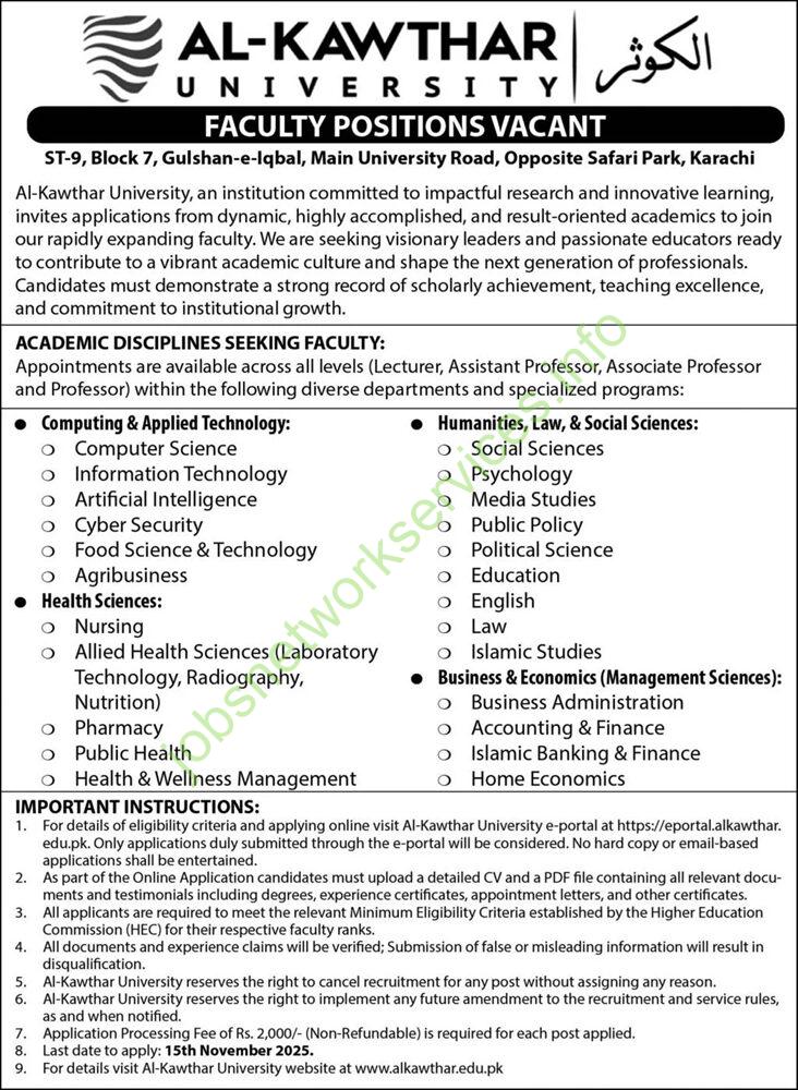 Al Kawthar University Karachi Jobs 2025 Latest