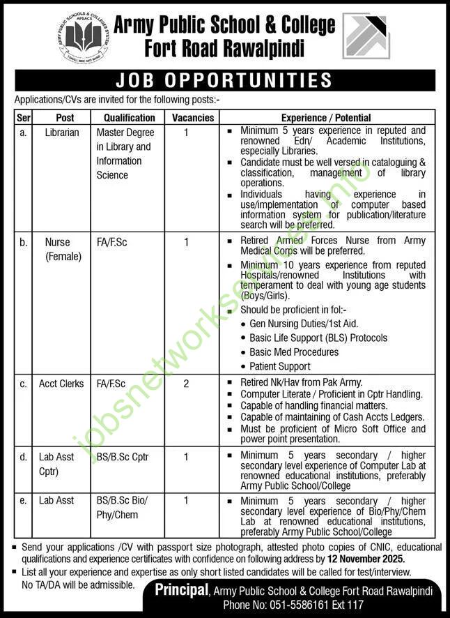 Army Public School & College Rawalpindi Jobs 2025 Latest