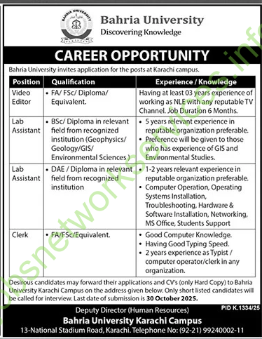 Bahria University Karachi Jobs 2025 Latest