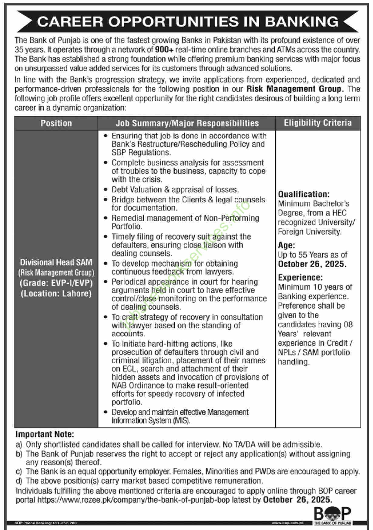 Bank of Punjab BOP Jobs 2025 Latest