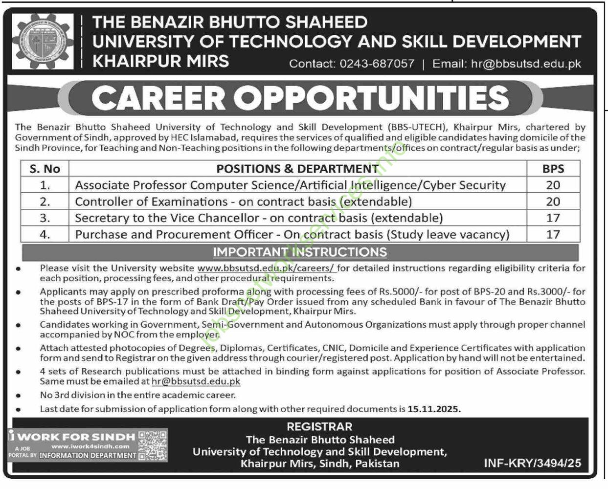Benazir Bhutto Shaheed University of Technology and Skill Development Khairpur Mirs Jobs 2025