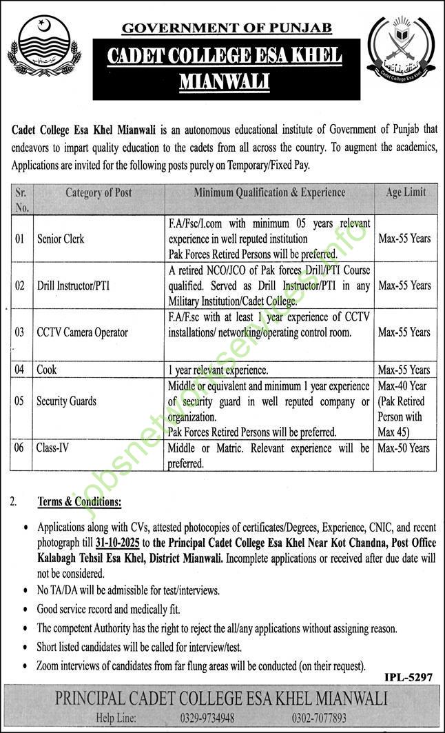 Cadet College Esa Khel Mianwali Jobs 2025