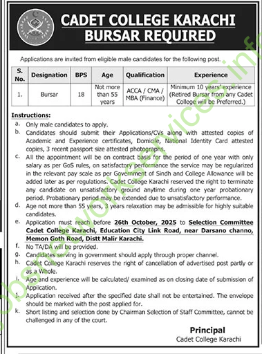 Cadet College Karachi Jobs 2025 Bursar Required