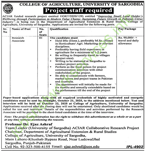 College of Agriculture University of Sargodha Jobs 2025