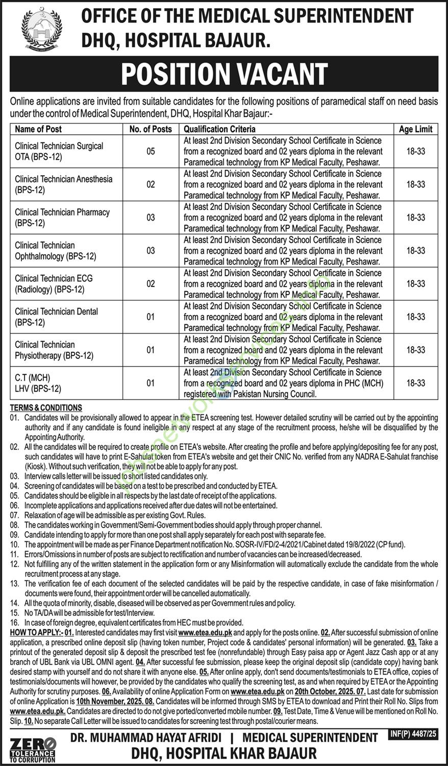 DHQ Hospital Bajaur Jobs 2025 Apply Online