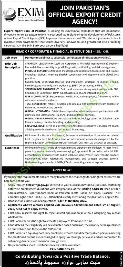 Export-Import Bank of Pakistan Jobs 2025