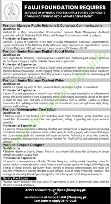Fauji Foundation Department Jobs 2025 Latest