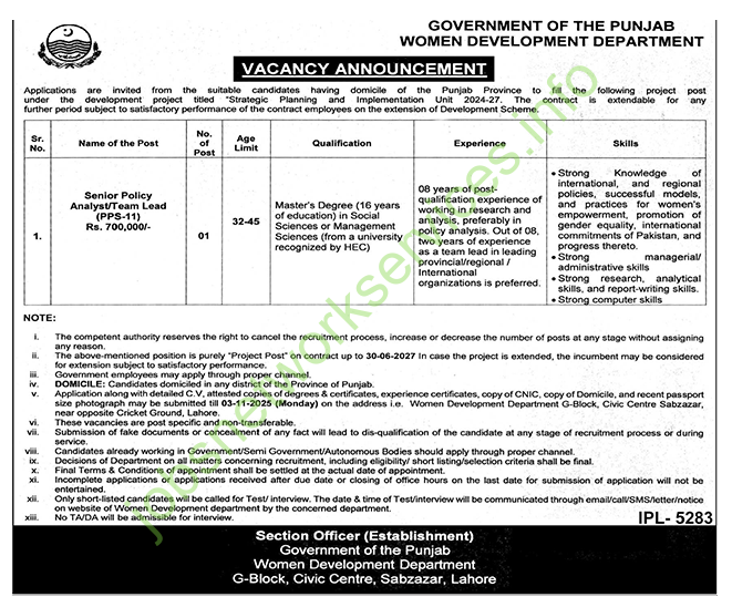 Government of the Punjab Women Development Department Jobs 2025 Latest