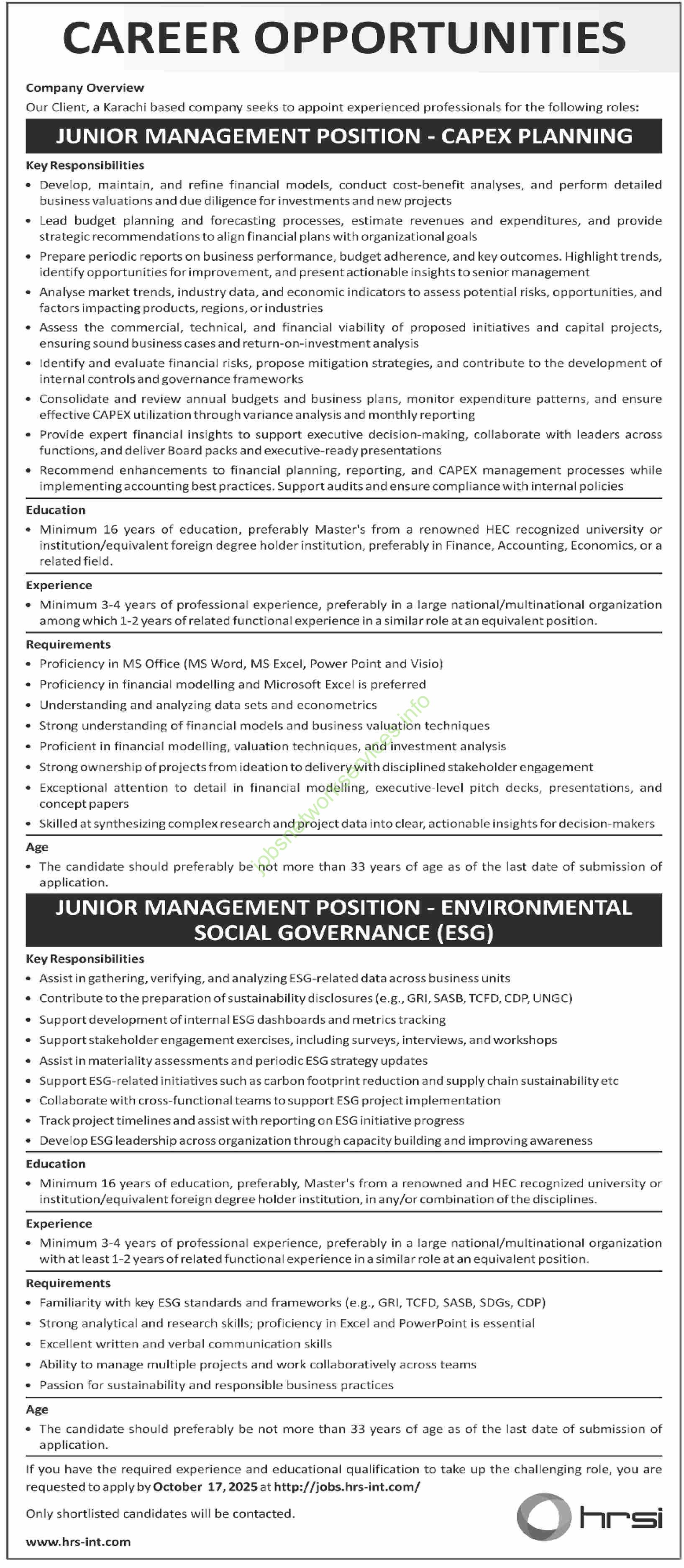 HRSI Jobs 2025 Junior Management Positions
