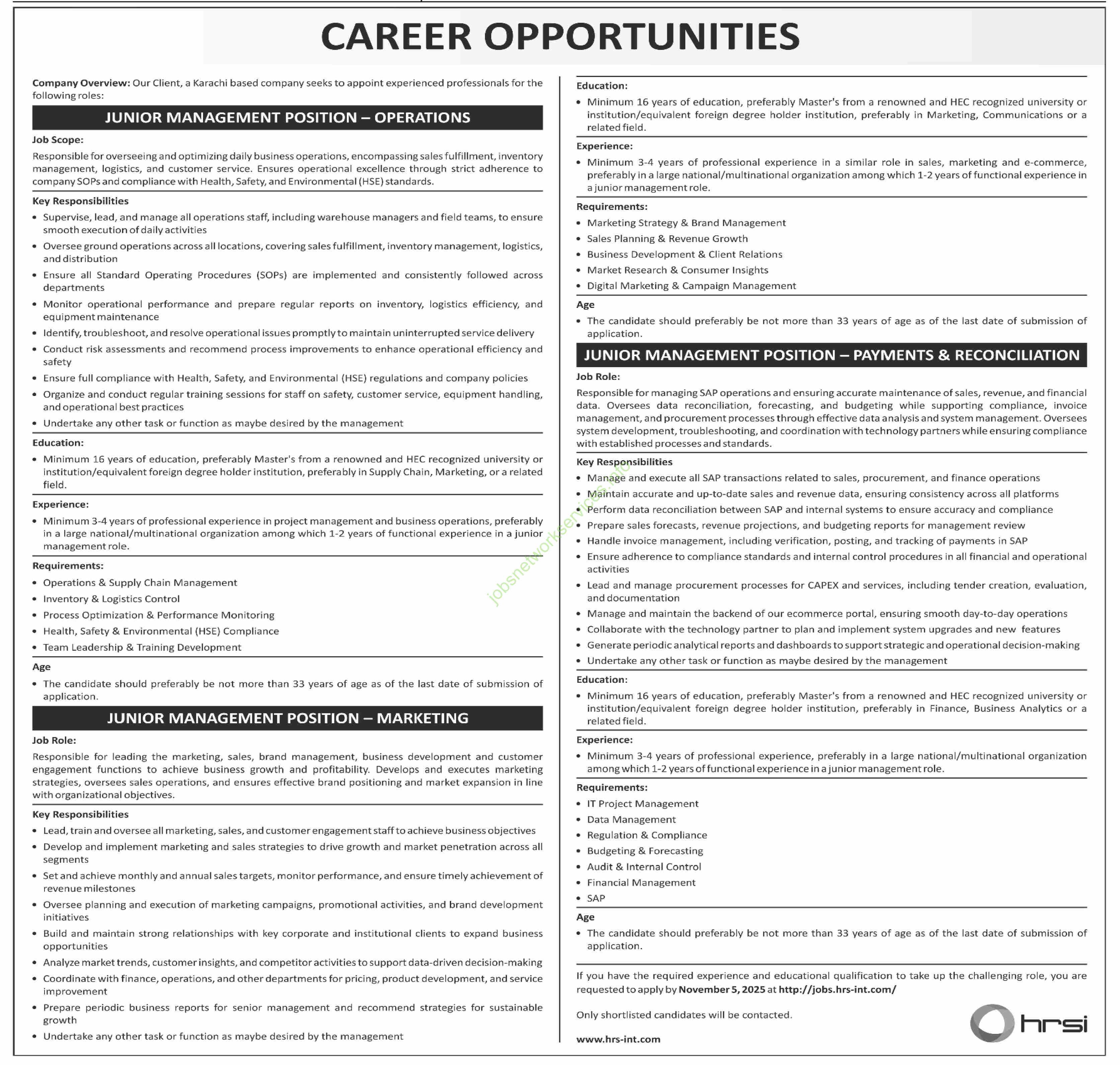 HRSI Junior Management Position Jobs 2025 Latest