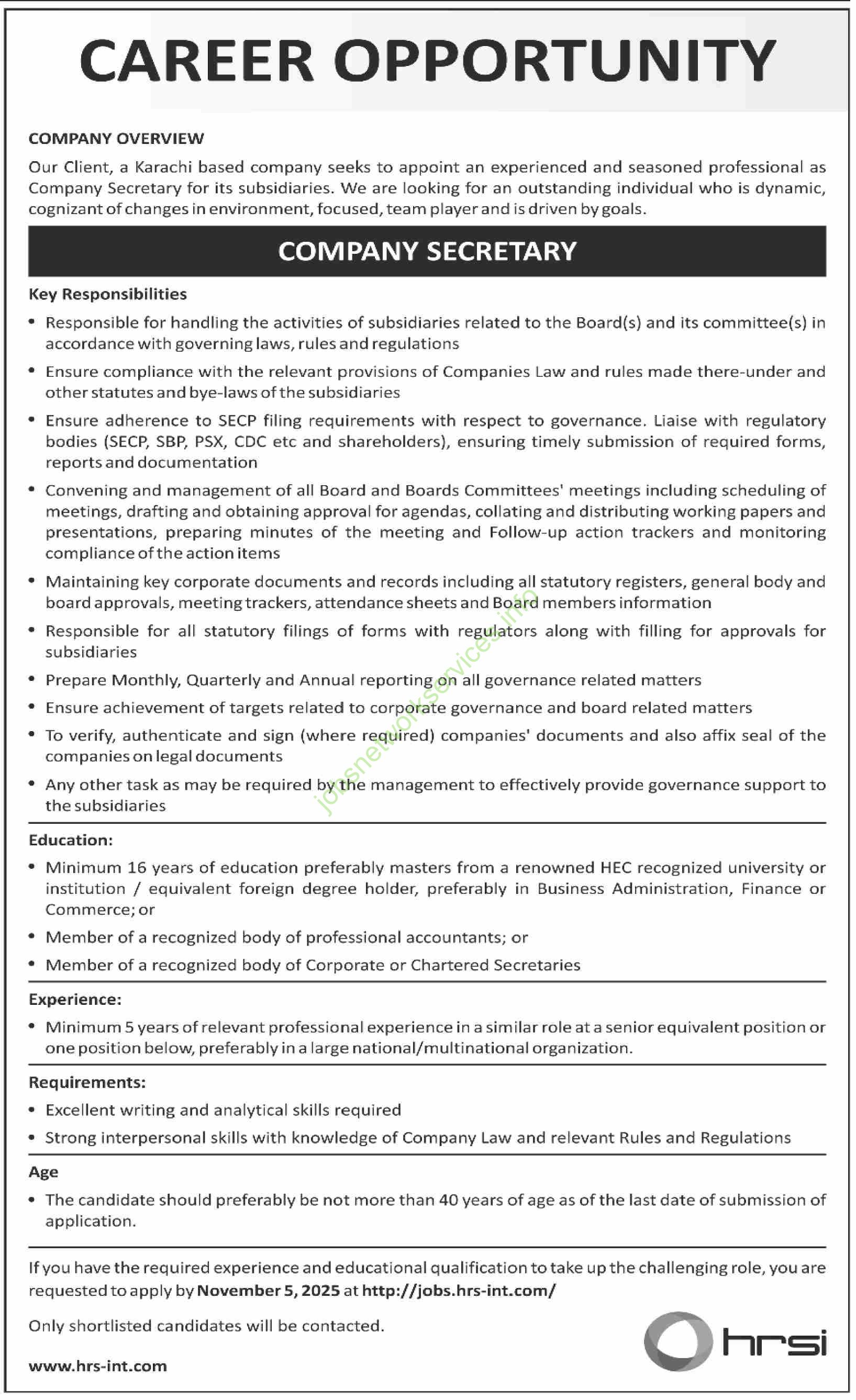 HRSI Junior Management Position Jobs 2025 Latest