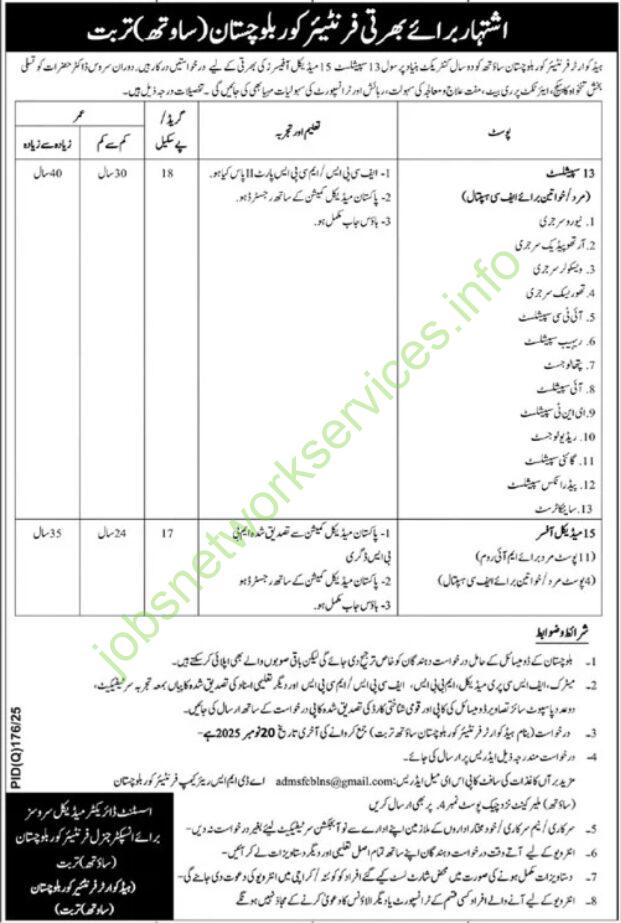 Headquarter Frontier Core Balochistan Hospital Turbat Jobs 2025