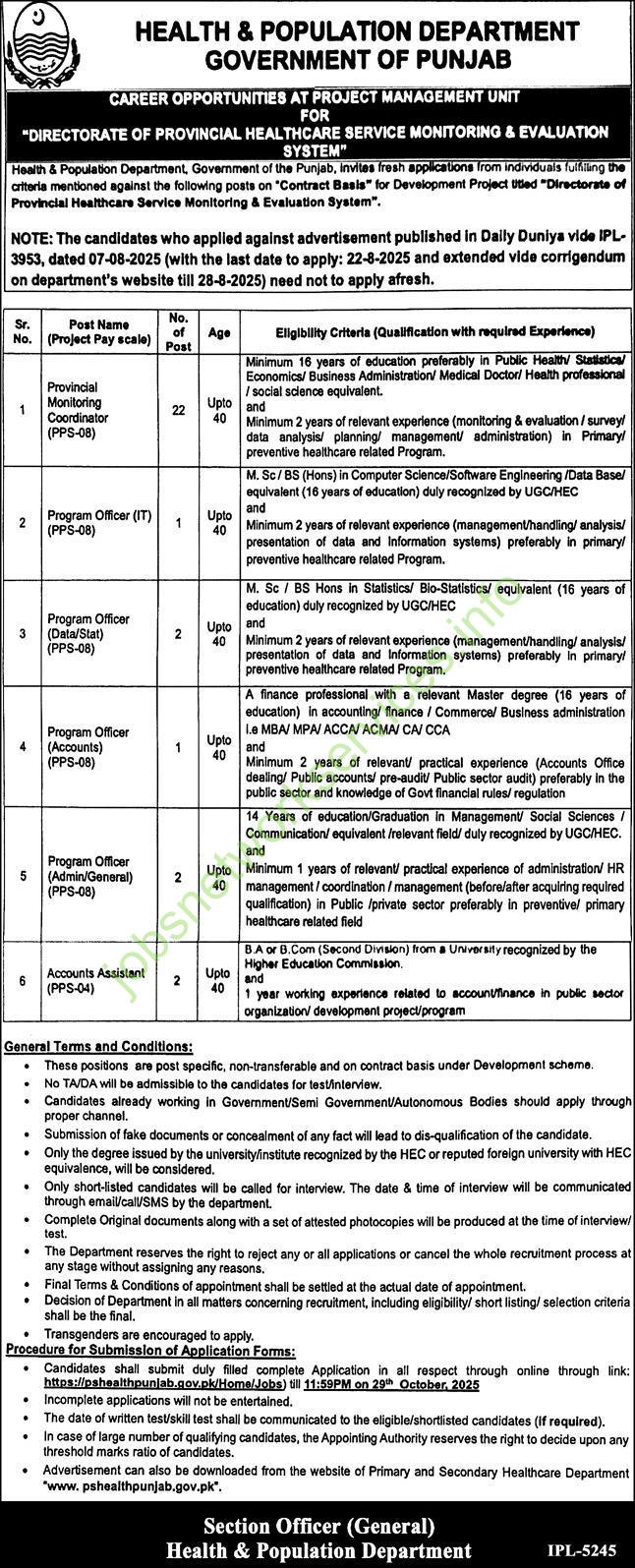 Health & Population Department Government of Punjab Jobs 2025
